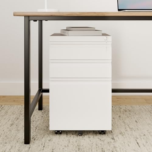 DEVAISE 3 Drawer Mobile File Cabinet with Lock, Under Desk Metal Filing Cabinet for Home Office/Legal/Letter/A4 File, Fully Assembled Except Wheels, White - color: White, size: 17"D x 15"W x 24"H