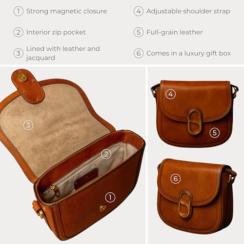 Time Resistance Full-Grain Leather Crossbody Bag – Shoulder Bag with Magnetic Closure - Leather Messenger Bag for Women - color: Cognac Brown