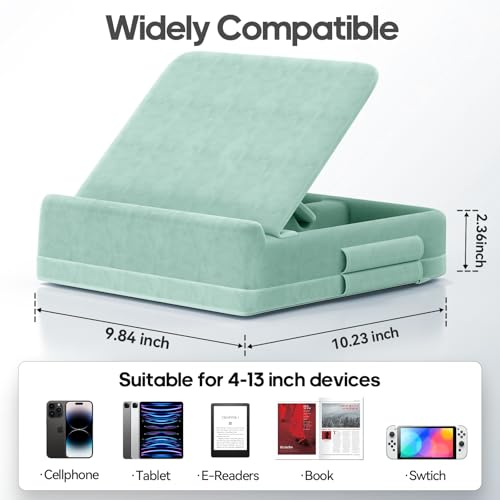 KDD Tablet Pillow Stand with Storage, Foldable iPad Holder for Bed, Lap and Desk, Angle Adjustable Soft Pad Dock with Stylus Mount Compatible with iPad Pro 12.9, 11, Air, Mini, Phones, Books (Green) - color: Green