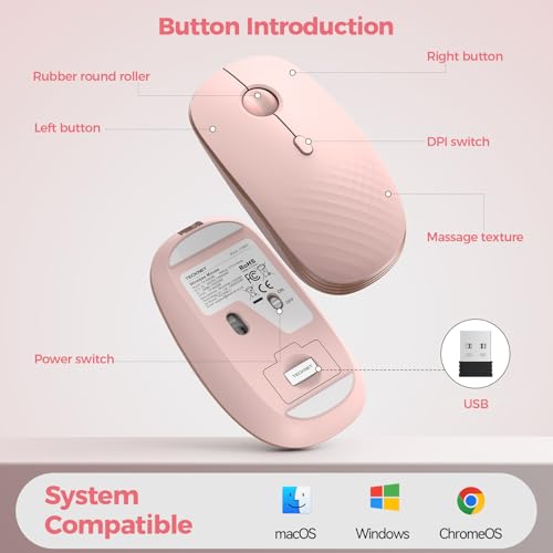 TECKNET Rechargeable Slim Portable Silent Computer 2.4 GHz Wireless Mouse | Lightweight Ambidextrous with USB-A Receiver, 4000 DPI Optical Tracking 90-Day Battery Life, Compatible with PC, Mac, Laptop - color: Rose pink