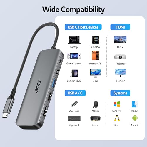 Acer USB C Hub, 5-in-1 USBC to HDMI Adapter with 4K@60Hz for Laptop/Mac | USBC Splitter Docking Station with HDMI 2.0, 100W PD, USB-C, USB-A 3.0 & USB-A 2.0 Data Ports for iPad Pro, iPhone 17 Pro Max