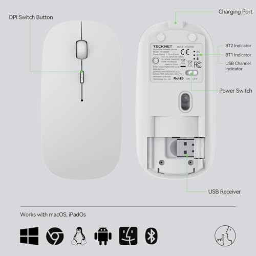 TECKNET Bluetooth Wireless Mouse, Rechargeable Silent Portable Computer Mouse, 6 Adjustable DPI, Dual Mode (Bluetooth 5.2/3.0 and 2.4G USB Receiver) for Laptop, iPad, MacBook, PC, Desktop, Android - color: white