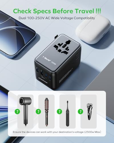 MOMAX 6-in-1 Universal Travel Adapter, GaN 100W International Power Adapter, 2 AC, 2 USB-C PD Fast Charging & 2 USB-A QC, All-in-one International Plug Adapter for Travel European UK AUS JP - color: Black, size: 100W