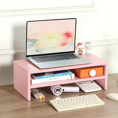 DS502P TEAMIX 20 inch Pink Monitor Riser Stand - 2 Tiers, Wood Desktop Bookshelf - color: Pink, size: 20 x 9.5 x 6.7 inches