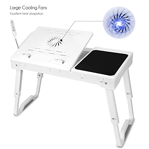 Foldable Laptop Desk, Adjustable Portable Laptop Stand for Bed Couch, Small Bed Table for Laptops and Writing, Bed Tray Table with Cup Holder, Cooling Fan, LED Light (White) - color: White