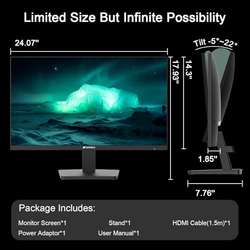 SANSUI 27 Inch Computer Monitor 120Hz, FHD 1080P Flat Monitor, HDMI DP Ports FreeSync, HDR, 110% sRGB, Tilt Adjustable Frameless VESA Compatible for Office and Home (ES-27F2, HDMI Cable Included) - size: 27 Inch