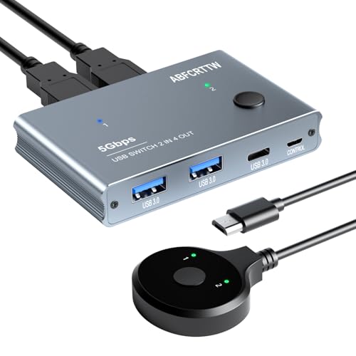USB 3.0 Switch 2 in 4 Out with Desktop Controller, Aluminum USB Switch for 2 Computers with 1xUSB C Port and 3xUSB A Ports, 2 USB A to A Cables for Mouse, Keyboard, Printer, Webcam, U-Disk