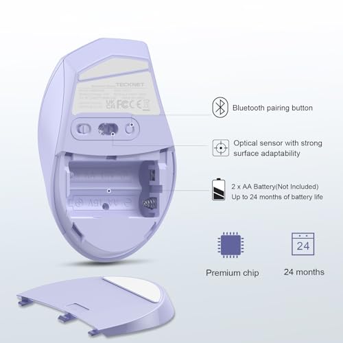 TECKNET Bluetooth Mouse, Wireless 6 Buttons 2-Yr Battery, Lavender | BT 5.0/3.0, 6-Level DPI to 4800, Wide OS Compatible, Ergonomic for M/L Hands, Extended Battery - color: Lavender