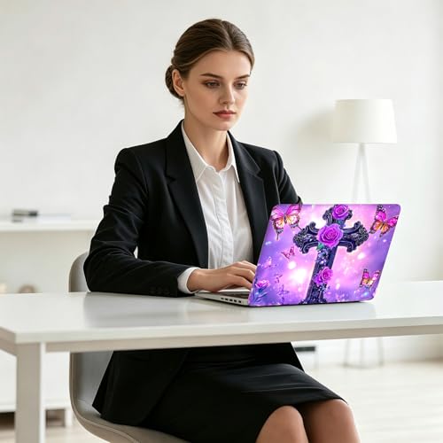 Universal Laptop Skin Decal, 3-Piece Vinyl Protector for 12 13 14 15.6" Notebook, Waterproof Anti-Scratch, Easy Trim & Bubble-Free Finish, Cross with Purple Rose - color: Cross with Purple Rose