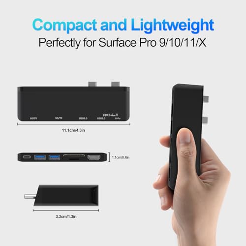 Surface Pro 9/10/11/X Accessories, Surface Pro 9 Docking Station with 4K HDMI, USB-C Thunerbolt 4 (Display+Data+PD Charging), 2 USB 3.0, SD/TF Card Reader for Surface Pro 9/Pro10/Pro11/ProX - color: Black