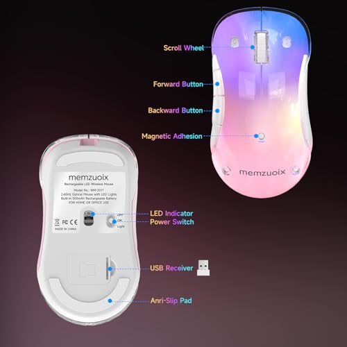 memzuoix 2.4G LED Wireless Mouse, Rechargeable Ergonomic Mouse with Detachable Cover, 1400 DPI Portable Optical Computer Mouse with USB Receiver for Laptop, PC, Desktop and MacBook, 5 Buttons-Pink - color: Pink