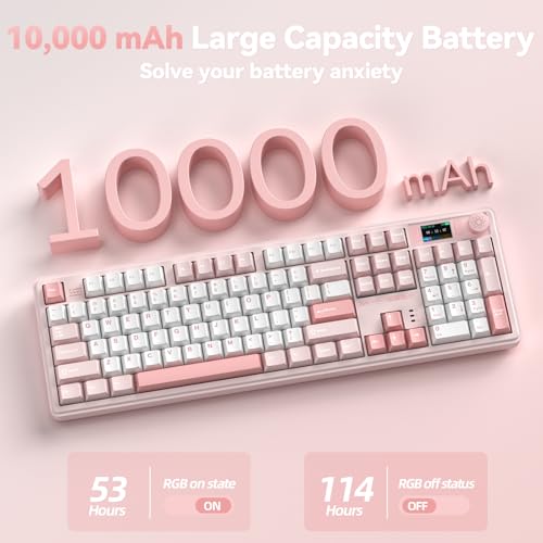 LINGBAO K108 Pro Wireless Mechanical Pink Creamy Keyboard with Number Pad | Full Size Mechanical Keyboard with 10000mAh Battery, PBT Keycaps, Gasket Mount, RGB Backlit Hot-swap Custom Keyboard for PC - color: White & Pink