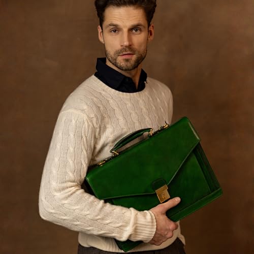 Time Resistance Leather Briefcase for Men - Business Laptop Bag - Italian Handmade Leather Bag - Attache - Gift Box Included - color: Green