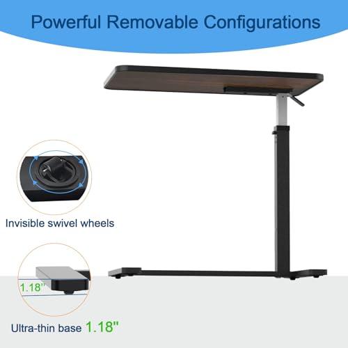 Adjustable Overbed Table with Cup Holder & Hidden Lockable Wheels | Height Adjustable Rolling Bedside Table, Walnut Finish Mobile Laptop Desk, Standing Workstation for Home Use, 30.3"W x 15.3"D - color: Walnut