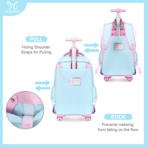 DIGOBAY Rolling Backpack for Girls, Roller Bag with Lunch Box Pencil case | Kawaii Girls Roller Backpack With Wheels School Bookbag With Cute Pins for Elementary Middle School, Aquamarine Pink - color: Aquamarine-pink