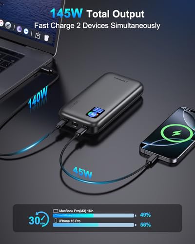 AsperX Laptop Power Bank, 25,000mAh 140W PD 3.1 Fast Charging USB C | TFT Display Portable Charger Battery Pack(92.5Wh) for MacBook Pro/iPhone 17/Dell XPS/Galaxy S25/ipad/HP (Flight-Approved) - color: Deep Grey