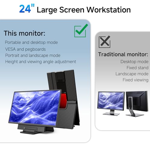 Large Portable Monitor 24 inch - 1080P FHD 100Hz Travel Monitor, 125% sRGB IPS Laptop Screen Extender, VESA Compatible, Height Adjustable Detachable Stand with USB-C HDMI for Work Gaming Office Home - size: 24 inch FHD
