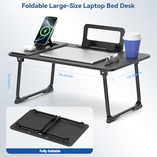 Lap Desk Bed Table with Wireless Charger - Foldable Large Laptop Tray with Tablet Slot and Book Shelf, No Assembly Table for Couch Chair Floor for Sturdy, Writing, Studying Eating, and WFH