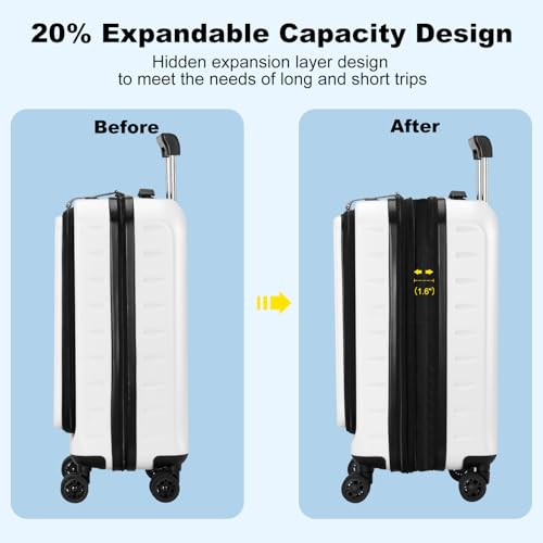 CENSIEN Expandable 20" Carry On Luggage Airline Approved with Front Pocket | Front Opening with Laptop Pocket,Lightweight ABS+PC Hard Shell Suitcases,360° Spinner Wheels,TSA Lock,YKK Zipper,White - color: White, size: 20 Inch EXT