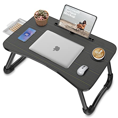 Zapuno Foldable Laptop Bed Table Multi-Function Lap Serving Tray Dining Table with Storage Drawer and Water Bottle Holder, Slot for Eating, Working on Couch/Sofa (Arc Shape) - color: Black