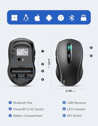 TECKNET 2-in-1 Bluetooth Mouse (BT 5.0/3.0+2.4Ghz), 6-Level 4000 DPI-Black | BT 5.0/3.0 & 2.4G wireless mouse with 4000 DPI, silent clicks, ergonomic design, and USB receiver for laptop and PC. - color: Bright Black
