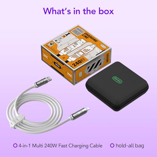 MFish 240W 4-in-1 Charging Cable with Carrying Case, 6.6FT Fast Charger USB-A & USB-C to USB-C/Lightning, for iPhone 17/16/15/14, MacBook, iPad, Samsung S25/S24 (White, 6.6Ft) - color: White, size: 6.6Ft