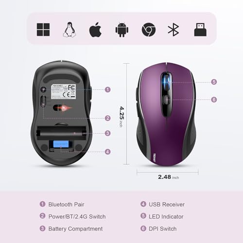 TECKNET 2-in-1 Bluetooth Mouse (BT 5.0/3.0+2.4Ghz), 6-Level 4000 DPI-Purple | BT 5.0/3.0 & 2.4G wireless mouse with 4000 DPI, silent clicks, ergonomic design, and USB receiver for laptop and PC. - color: Purple