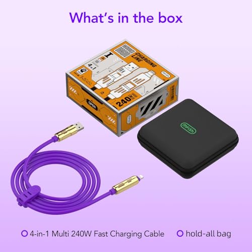 MFish 240W 4-in-1 Charging Cable with Carrying Case, 6.6FT Fast Charger USB-A & USB-C to USB-C/Lightning, for iPhone 17/16/15/14, MacBook, iPad, Samsung S25/S24 (Purple Gold, 6.6Ft) - color: Purple Gold, size: 6.6Ft