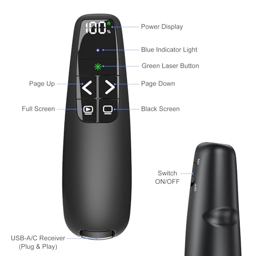 Rechargeable Presentation Clicker with Case, Power Digital Display Wireless Presenter Remote, USB C Green Light Pointer Computer PowerPoint PPT Clickers for Mac Laptop, Slideshow Google Slide Advancer - style: Green Light & Power Display