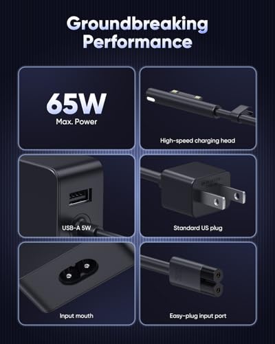 65W Microsoft Surface Pro Laptop Charger for Surface Pro 11,10,9,8,7,7+6,5,4,3,X, Windows Surface Laptop 7,6,5,4,3,2,1,Studio i5, Surface Go 1,2,3,4, Tablet, Surface Book 3,2,1,LED, 10FT