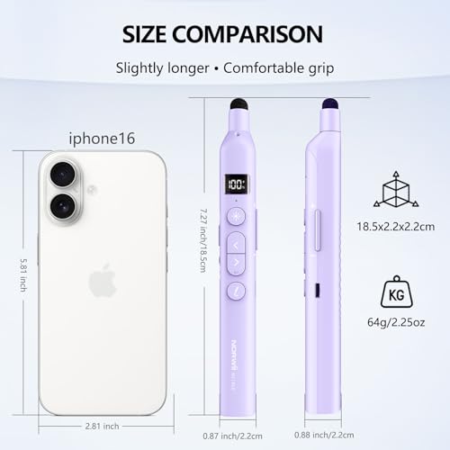 N21 Bluetooth Presentation Clicker for PowerPoint with Retractable Pointer | ①Green laser ②Telescopic touch pen ③Countdown timer, vibration alert ④Customizable Button ⑤Rechargeable;battery level display - color: Purple - Green Pointer