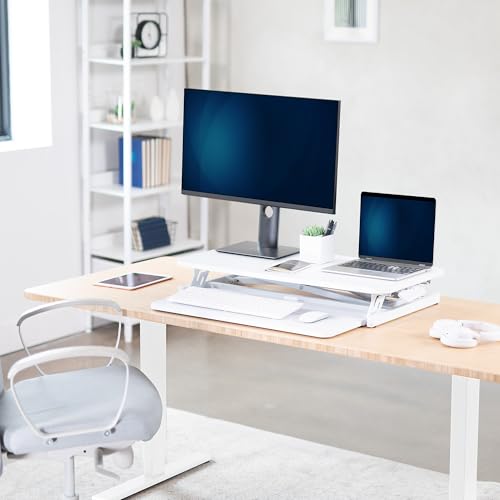 VIVO White 32 inch Stand Up Desk Riser, DESK-V000SW | Height Adjustable, Standing Desk Converter, Quick Sit to Stand, Tabletop Dual Monitor Riser Workstation, Minimal Assembly - color: White, size: 32"