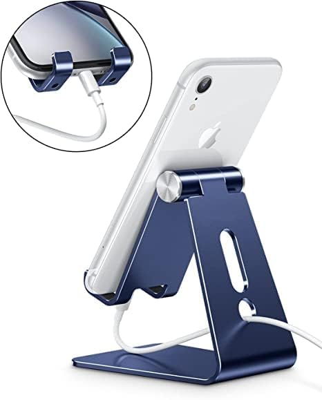 OMOTON C2 Adjustable Cell Phone Stand with Charging Cutout, Navy Blue | Sturdy 3mm Aluminum, Charging Port, 270° Adjustable, Non-Slip Silicone Pads, Works with Thick Cases, for All Smartphones - color: Navy Blue