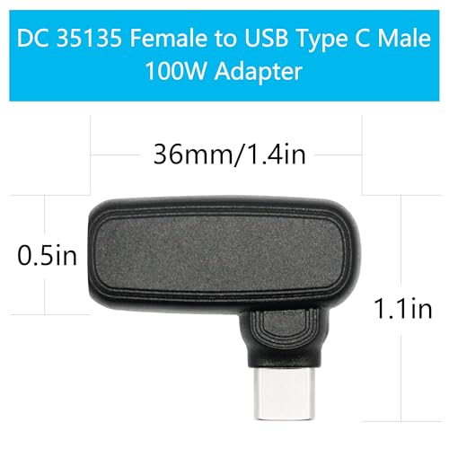 90 Degree 100W DC 3.5mm x 1.35mm Power Adapter, Input 15 - 20.5V, PD Chip | Right Angle DC 35135 Female to USB Type C Male PD Plug, Built in PD Intelligent Chip Quick Identification V/A, for USB C Port - style: DC 35135 Female to USB Type c Male - 100W