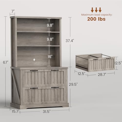 SEDETA 2 Drawer Filing Cabinet, Farmhouse File Cabinet for Home Office with Storage Shelves, Wood Tall Office Filing Cabinet fits Letter, Legal, A4 Size, Lateral File Cabinets with Bookshelf (Grey) - color: Grey, size: 2 Drawers