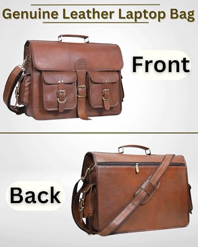 Genuine Leather Messenger Bag for Men & Women, Handmade Vintage Laptop Shoulder Bags with Adjustable Strap, Crossbody Briefcase for Office, College and Travel - 18 Inch, Brown