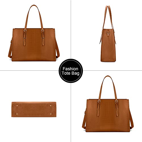 Laptop Bag for Women 15.6 Inch Crocodile Leather Tote Bag Water-resistant Work Briefcase Business Computer Shoulder Bag for Travel Teacher Nurse Professional Handbag - color: Brown