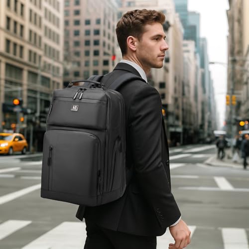 Expandable Business Backpack with 17" Laptop Compartment - Waterproof, Airline Approved, 33L-42L Capacity, for Work & Travel, Black - color: Black