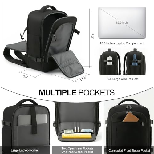 TILYMOL Travel Backpack for Women & Men - 15.6 inch Laptop Backpack Airplane Flight Approved, Large Carry On Anti-theft Bag for Travel Work Business Weekender - color: Black