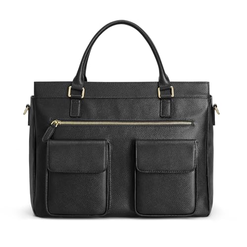 Kattee Leather Briefcase for Women, 15 Inches Laptop Bag, Work Tote with Luggage/Shoulder Strap - color: Black