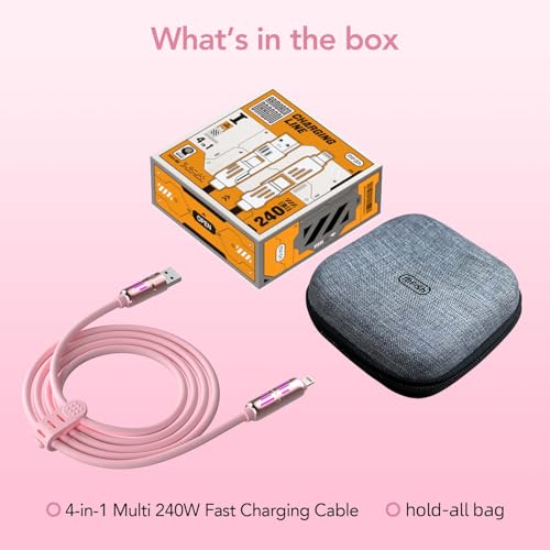 MFish 240W 4-in-1 Charging Cable with Carrying Case, 10FT Fast Charger USB-A & USB-C to USB-C/Lightning, for iPhone 17/16/15/14, MacBook, iPad, Samsung S25/S24 (Pink, 10FT) - color: Pink, size: 10FT