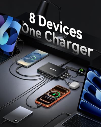 560W USB C Charger Block, Rocoren 8-Port Ultra-Thin USB C Charging Station with Retractable Cable, 100W PD Fast USB Charger Station Hub for MacBook Pro/Air, iPad, iPhone 17/16/15, Samsung