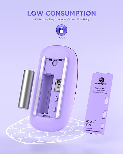 RAPIQUE Wireless Bluetooth Mouse, BT 5.1& 2.4GHz Slim Dual Mode, Purple | Quiet clicks, Low Power, 1600 DPI, USB-A Receiver, Portable design, Works with MacBook, Laptop, Desktop, iPad and Chromebook - color: Purple