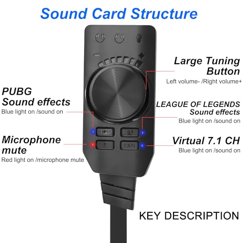 MEIRIYFA External USB Sound Card Virtual 7.1 Surround Sound USB 2.0 Sound Card Adapter for PC with Volume Control, USB to 3.5mm Jack Audio Adapter Cable Plug and Play
