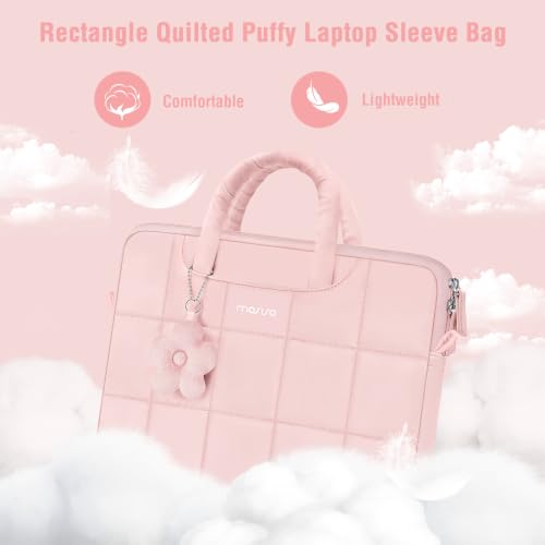 MOSISO Laptop Bag 16 inch, 15-15.6 inch Puffy Laptop Sleeve Compatible with MacBook Pro 16/Air 15,HP Acer Dell Lenovo Notebook, Messenger Briefcase Quilted Bag with Trolley Sleeve&Flower Pendant, Pink - color: Pink
