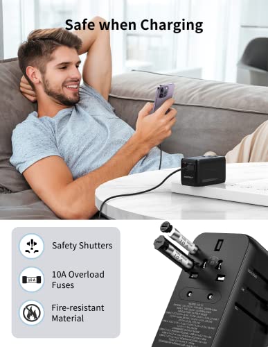MOMAX 100W Universal Travel Adapter, 5-in-1 GaN International Power Adapter for Laptop, Phone, 2 USB-C PD & 2 USB-A QC Wall Charger, European Travel Plug Adapter for UK/US/AUS/JP, Travel Essentials - size: 100 W
