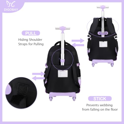 DIGOBAY Rolling Backpack for Girls, Roller Bag with Lunch Box Pencil case | Kawaii Girls Roller Backpack With Wheels School Bookbag With Cute Pins for Elementary Middle School, Black Purple - color: Blackpurple