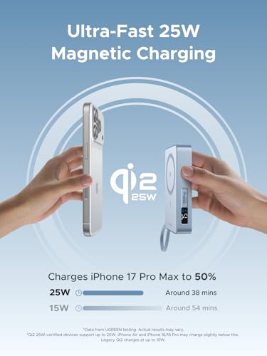 UGREEN Qi2 25W Wireless Power Bank, Built-in Cable, 30W PD Wired MagSafe | Qi2 25W wireless & 45W PD wired, built-in cable. High-capacity 20000mAh. MagSafe