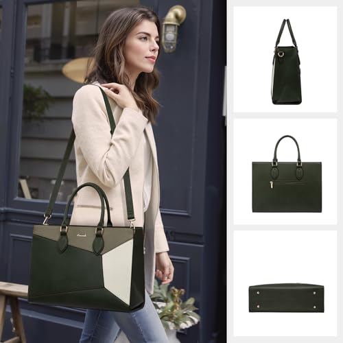 LOVEVOOK Laptop Bag for Women,15.6 lnch Waterproof Lightweight Leather Tote Bag,Professional Business Office Work Bags with Clutch Purse,Large Capacity Computer Shoulder Handbag,Army-Grey-White - color: Army Green - Grass Grey Green - Beige White(leather)