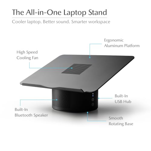 Mossion M1 Laptop Stand with Cooling Fan, Bluetooth Speakers & USB Hub - Titanium Gray | 360° Rotating Aluminum Ergonomic Laptop Stand for Laptops up to 18"